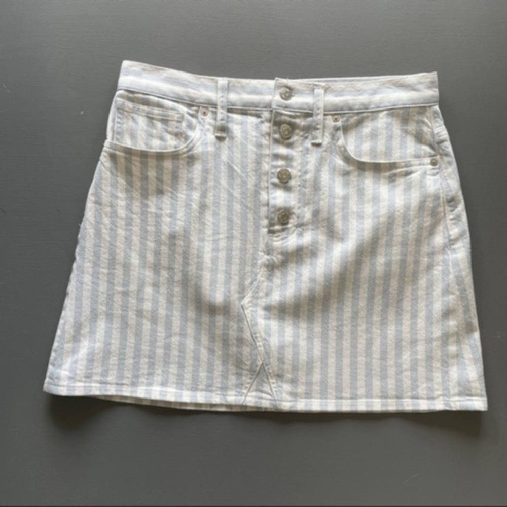Madewell Stretch A-Line Mini Skirt Pompano Stripe Blue White Button Size 29